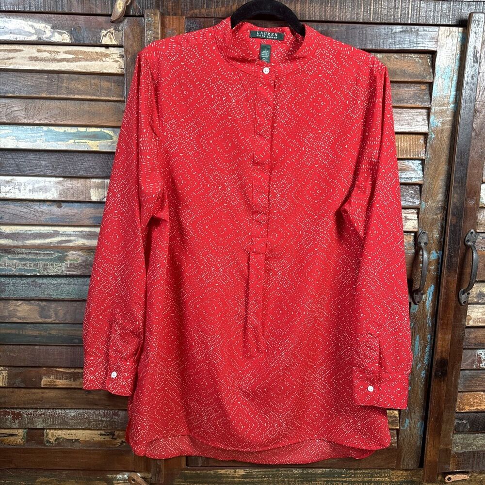 Lauren Ralph Lauren Womens Large Red Speckled 1/4 Button Front Popover Tunic Top